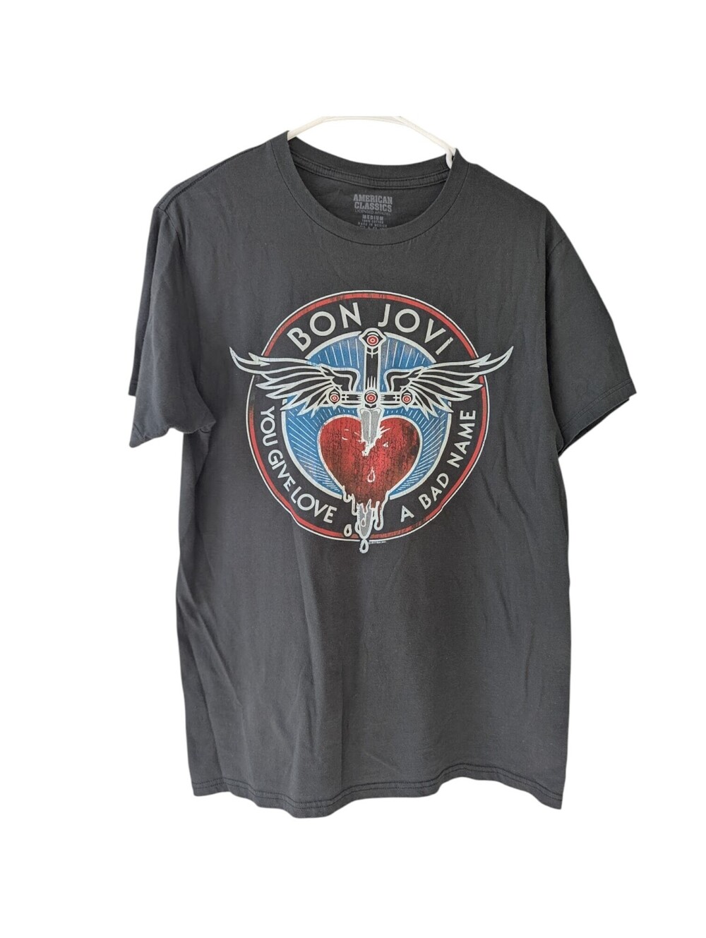 Bon Jovi Shirt Medium Black Graphic Band Tee You Give Love a Bad Name American